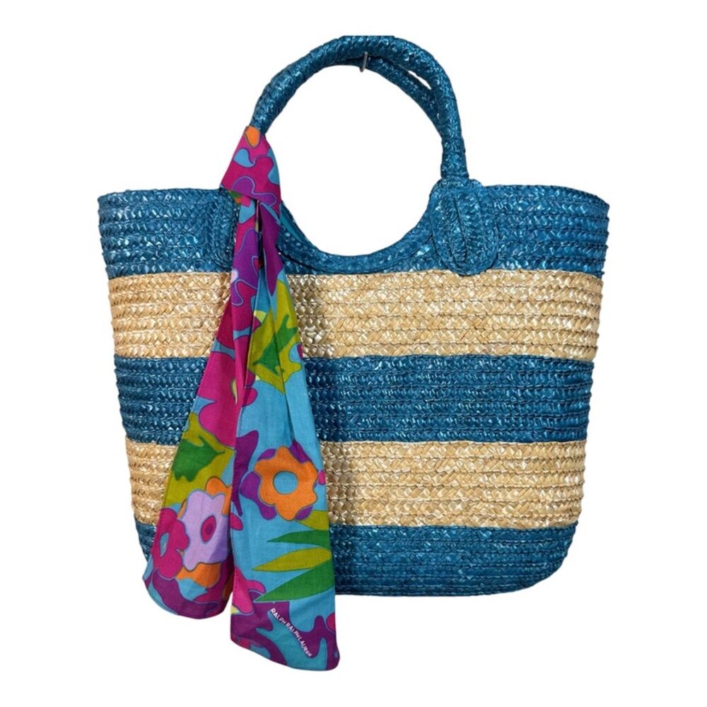 Ralph Ralph Lauren Woven Straw Stripe Tote Bag Blue Natural w/ Floral Scarf EUC